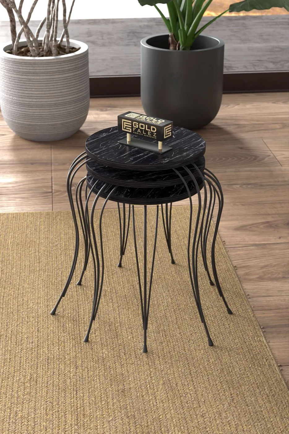 Lukens 3-Piece Round Nesting Table Set Metal Legs - Black Marble Effect