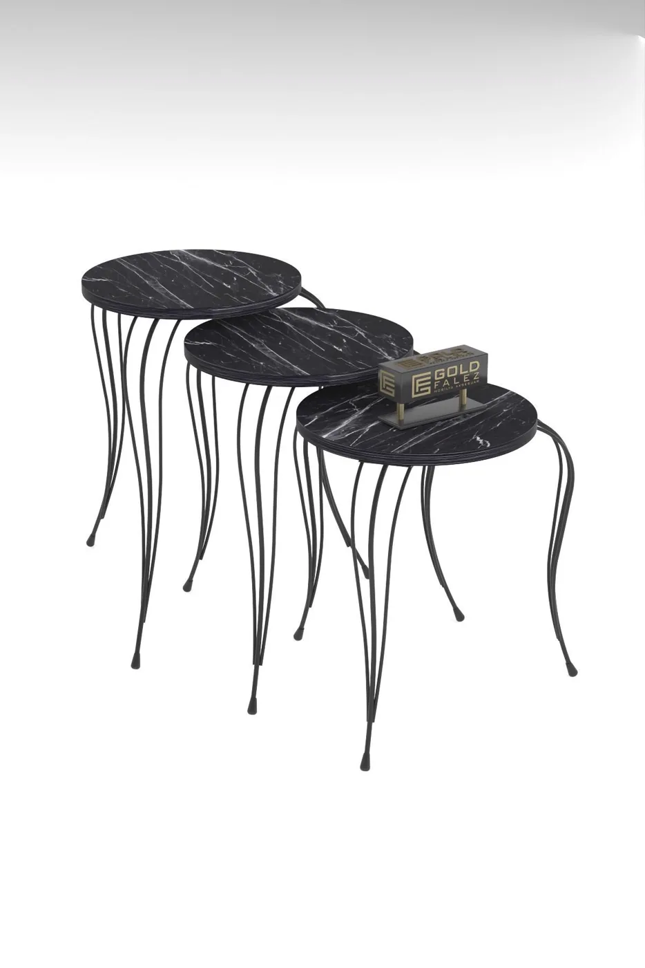 Lukens 3-Piece Round Nesting Table Set Metal Legs - Black Marble Effect