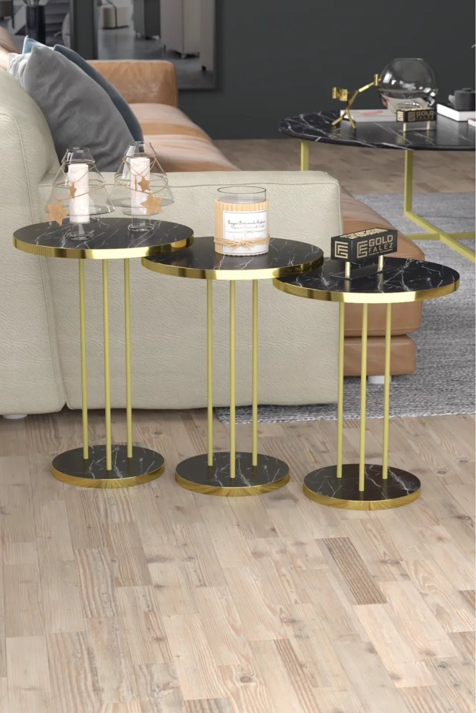 Round Nesting Table Set Metal Legs - Gold Bendir