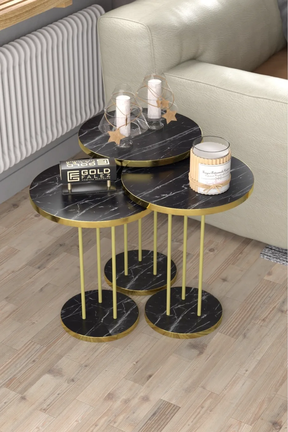 Round Nesting Table Set Metal Legs - Gold Bendir