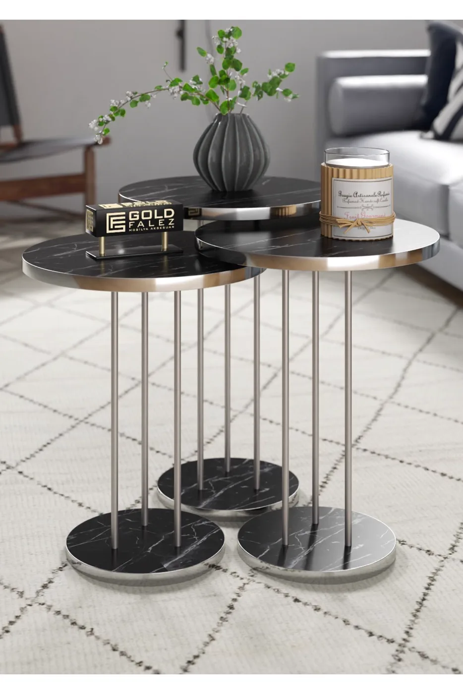 Round Nesting Table Set Metal Legs - Silver Bendir