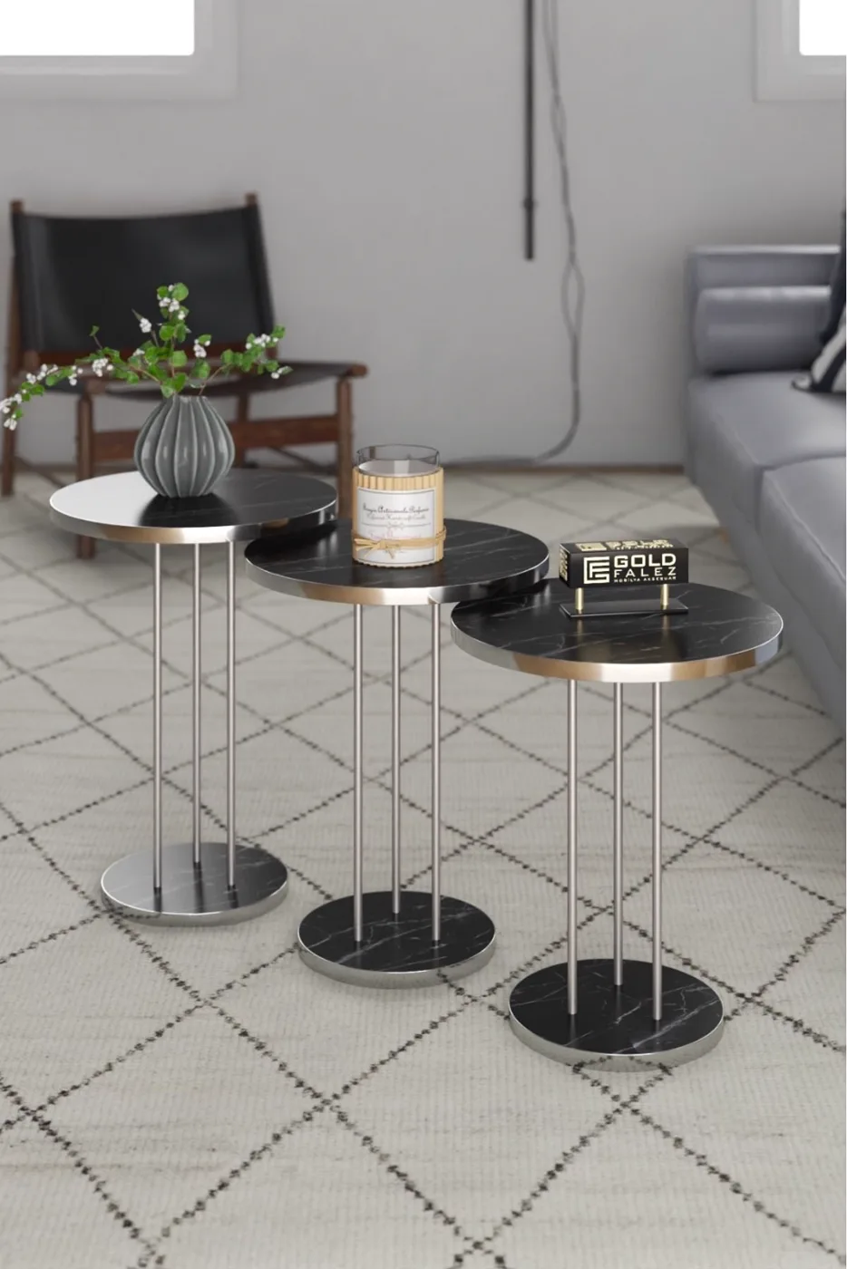 Round Nesting Table Set Metal Legs - Silver Bendir