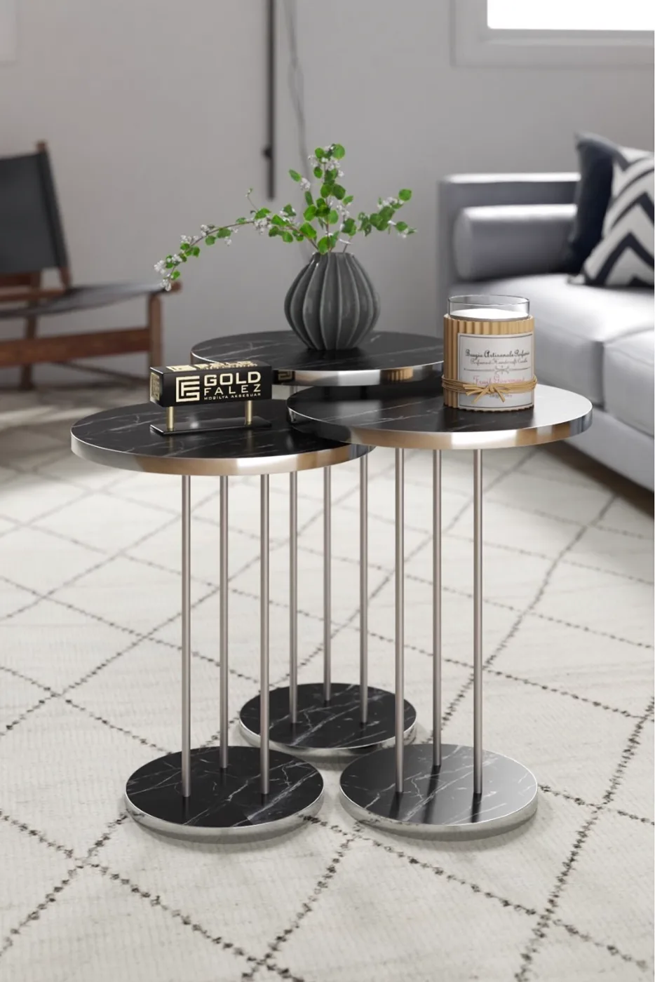 Round Nesting Table Set Metal Legs - Silver Bendir