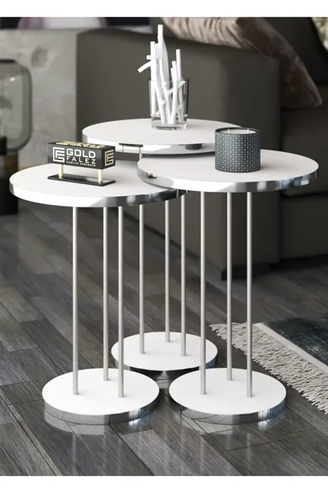 Gümüş Metal Ayak 3'lu Zigon Sehpa Seti Suntalam Beyaz