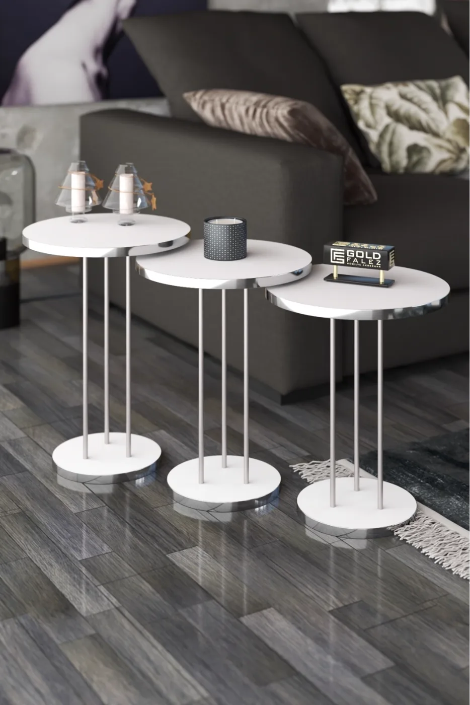 Gümüş Metal Ayak 3'lu Zigon Sehpa Seti Suntalam Beyaz