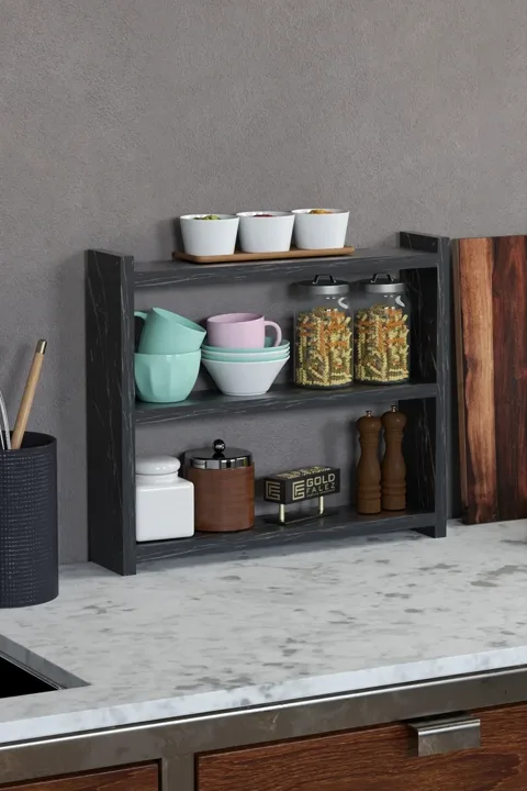 3-Shelf Countertop Kitchen & Bathroom Organiser - Black Marble Effect