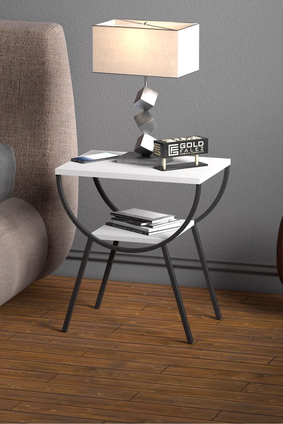 Arc Metal Leg Rectangular Side Table - White Plain