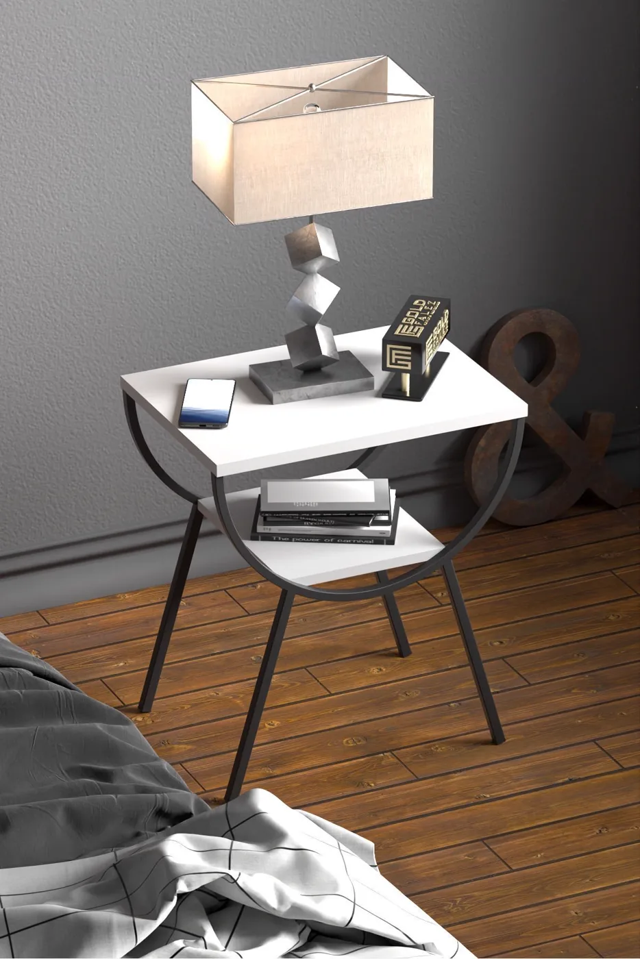 Arc Metal Leg Rectangular Side Table - White Plain