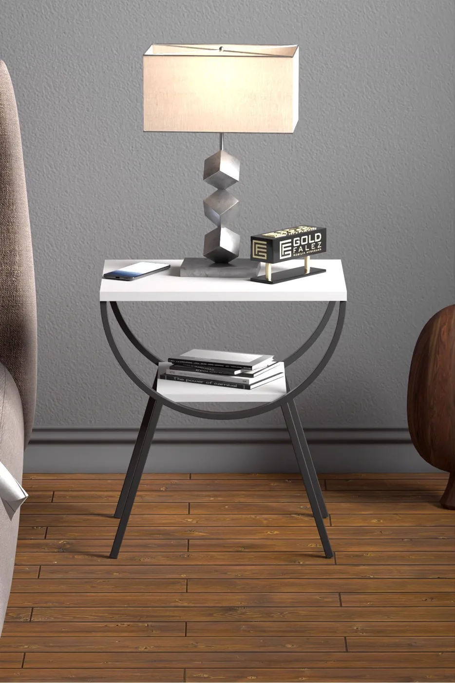 Arc Metal Leg Rectangular Side Table - White Plain