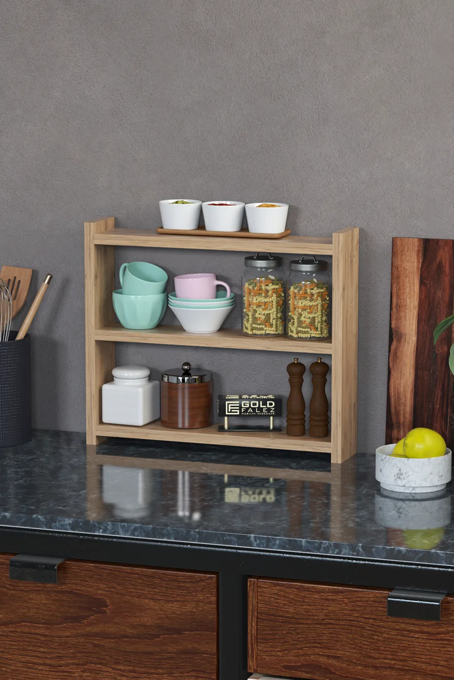 3-laags aanrecht organizer voor keuken en badkamer - atlantic pine