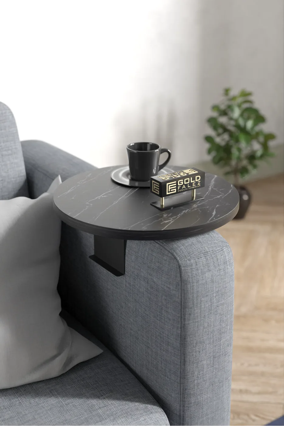 Adjustable Metal Leg Round Tray Side Table - Black Marble Effect
