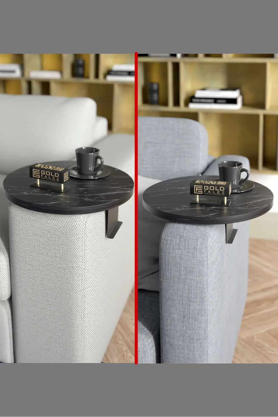 Adjustable Metal Leg Round Tray Side Table - Black Marble Effect