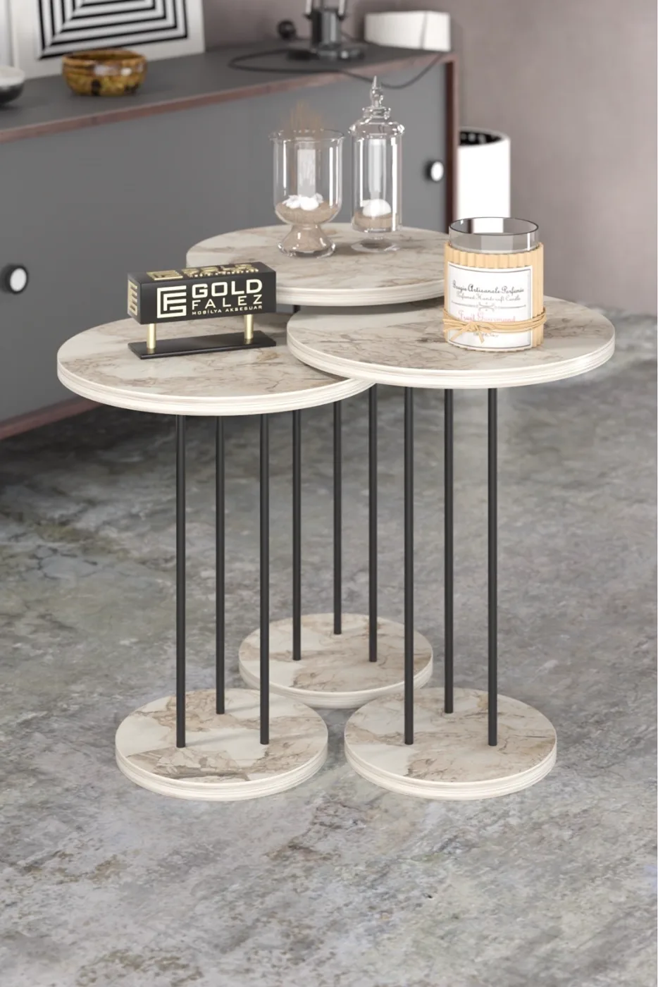 Terra 3-Piece Round Nesting Table Set - White Marble Effect