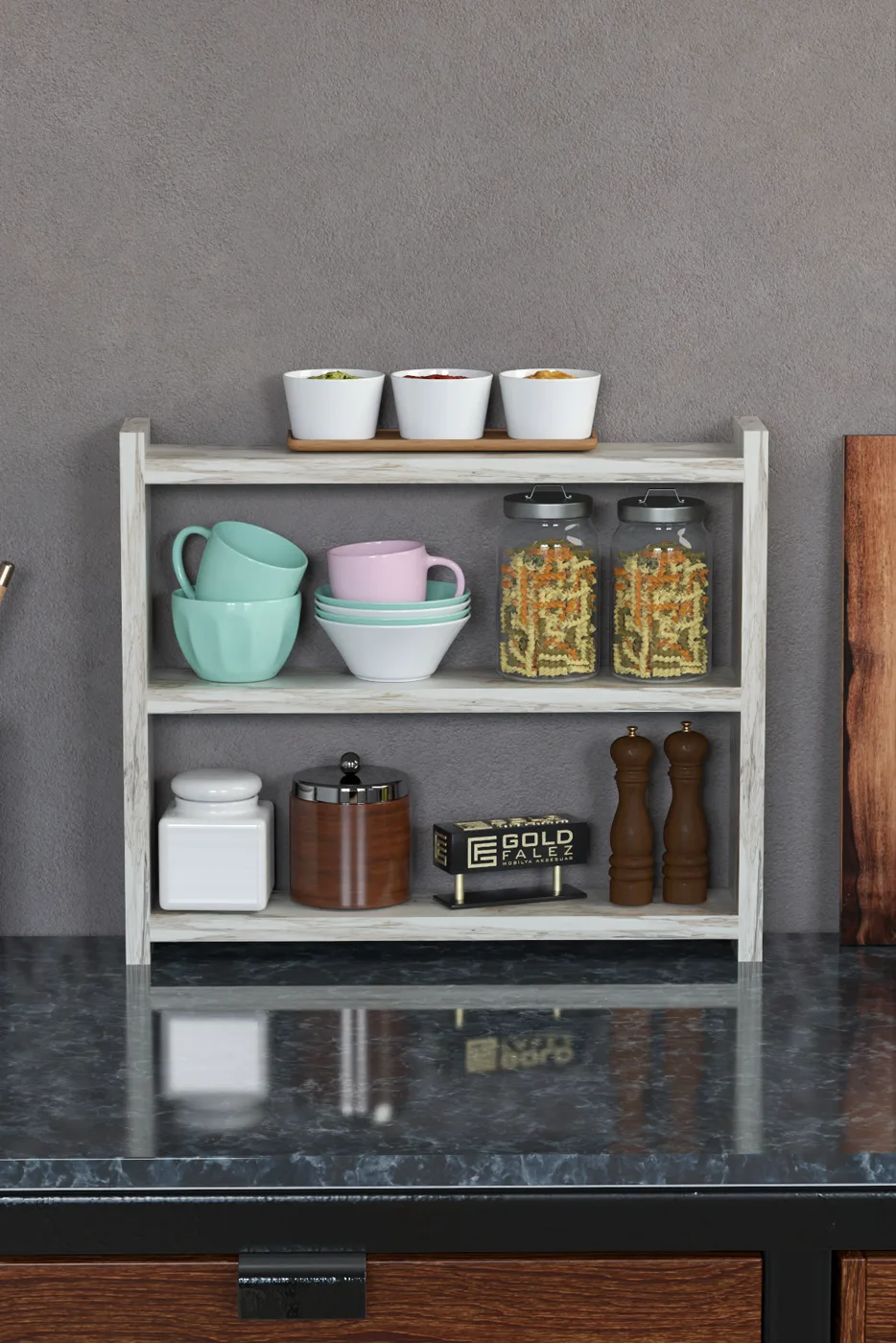 3-Shelf Countertop Kitchen & Bathroom Organiser - White Marble Effect