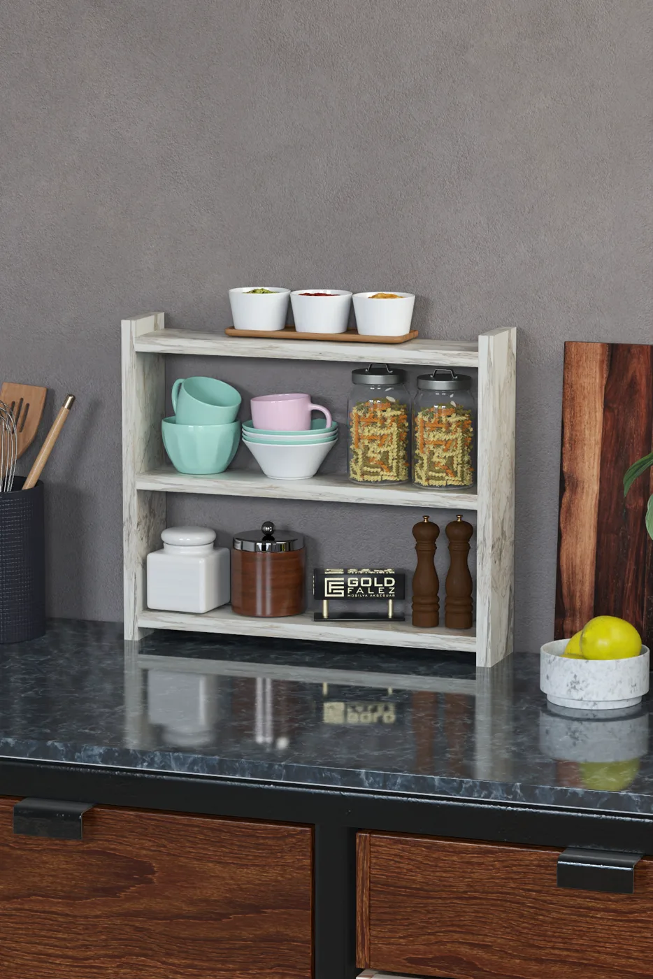3-laags aanrecht organizer voor keuken en badkamer - wit marmerlook