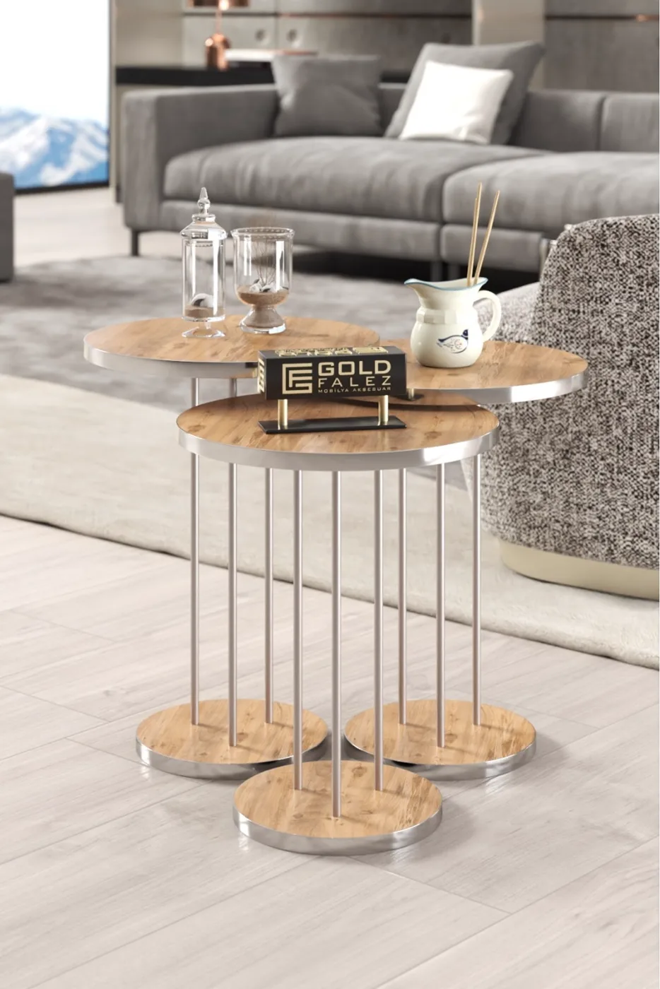 Round Nesting Table Set Metal Legs - Silver Walnut