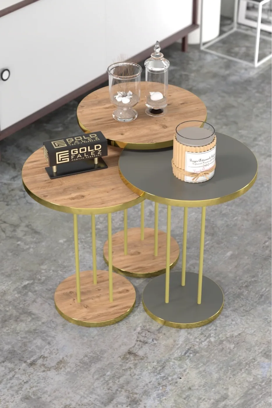 Round Nesting Table Set Metal Legs - Gordion Walnut