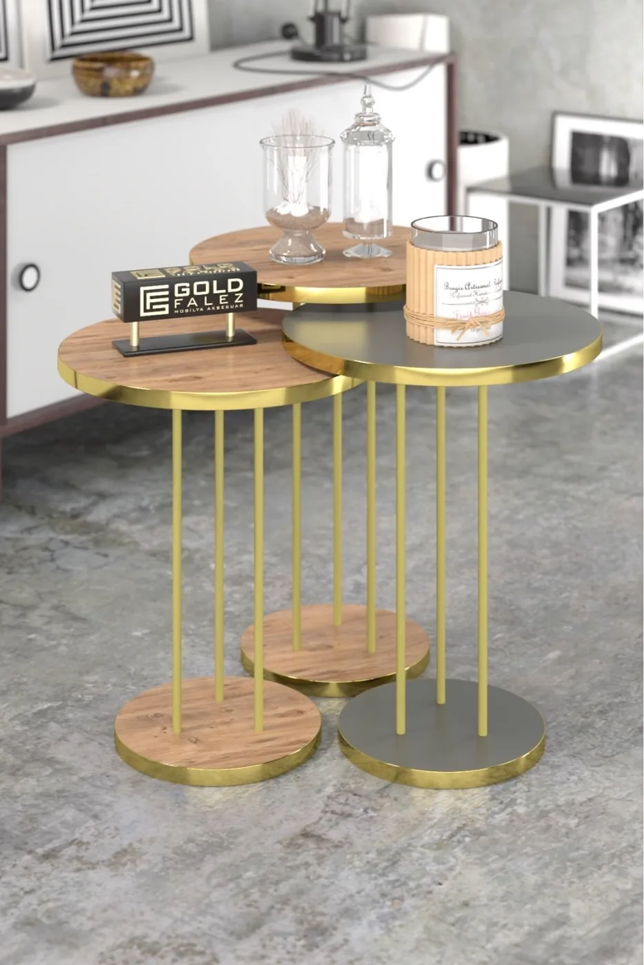 Round Nesting Table Set Metal Legs - Gordion Walnut