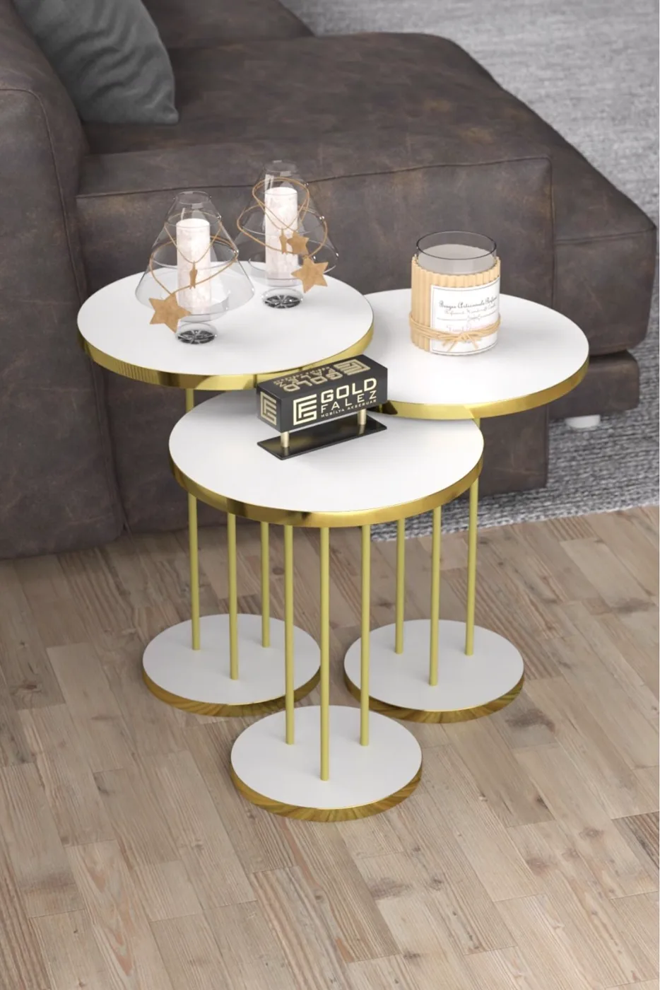 Round Nesting Table Set Metal Legs - Gold White