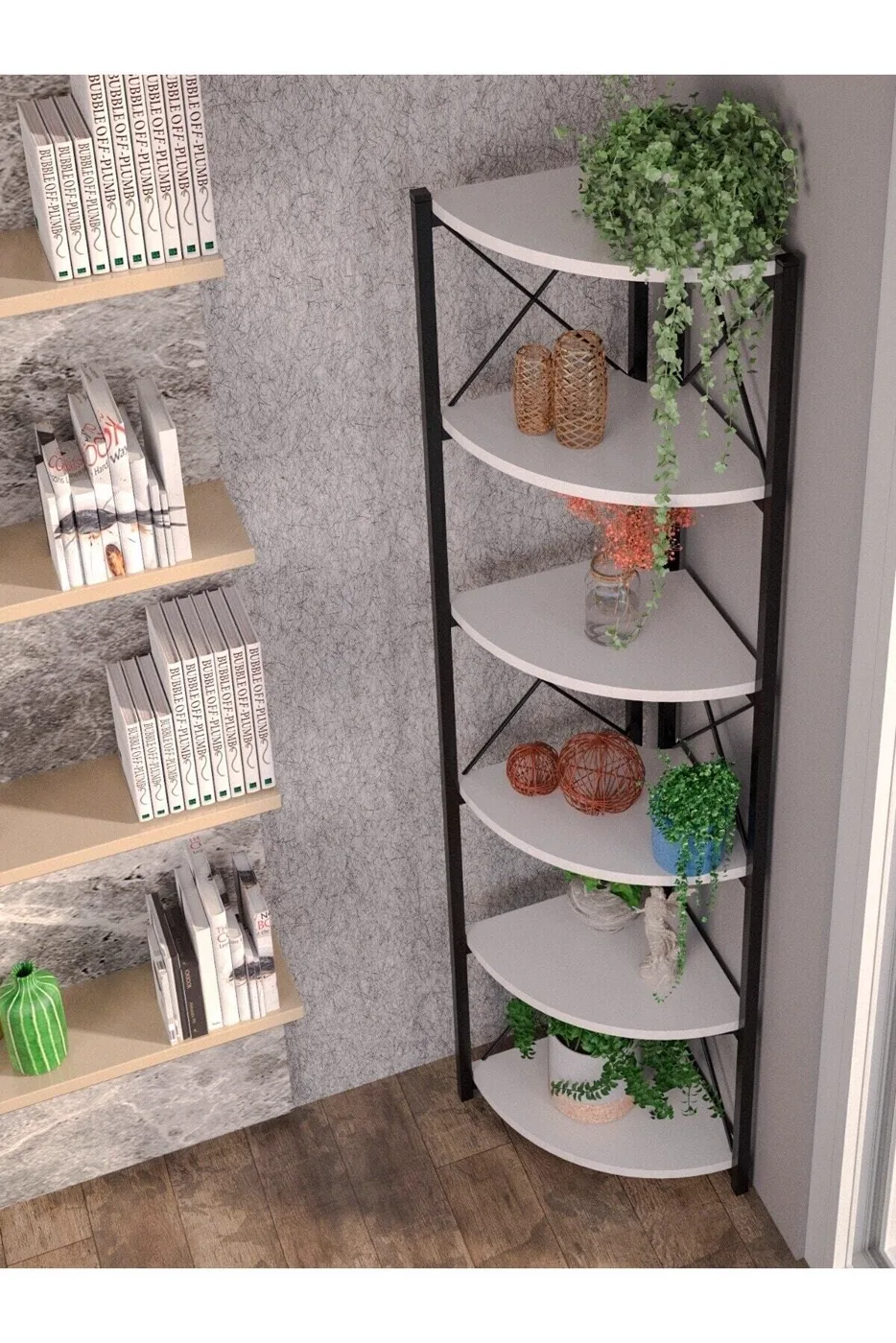 6-Shelf Corner Bookcase & Planter Stand - White