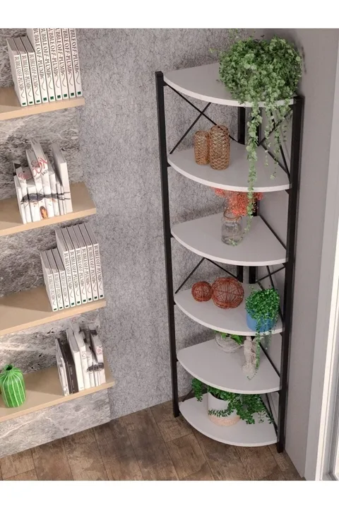 Ilkal Corner 6-Shelf Bookcase & Planter Stand - White