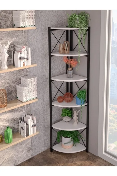 Ilkal Corner 6-Shelf Bookcase & Planter Stand - White