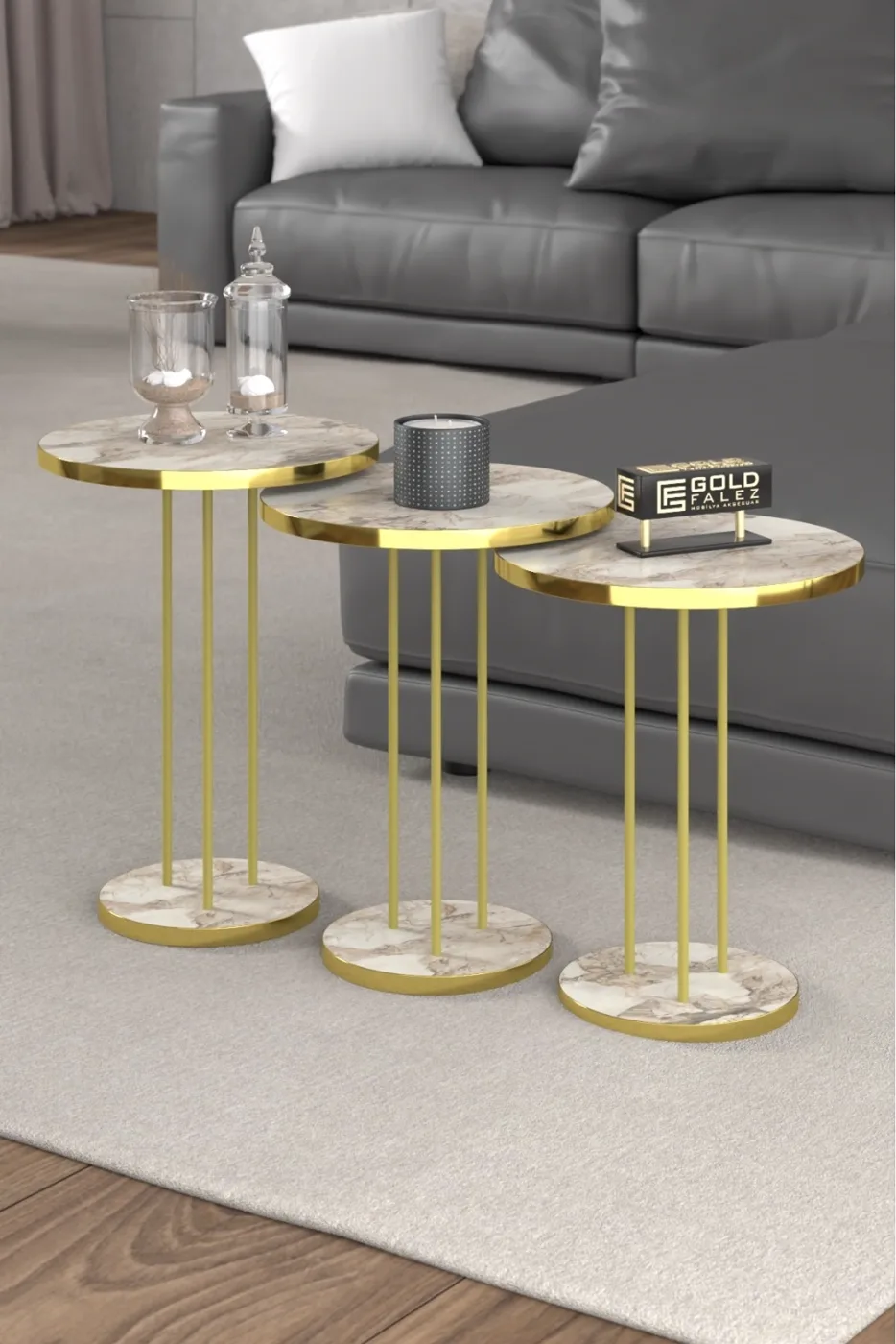 Round Nesting Table Set Metal Legs - Gold Efes