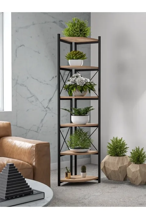 6 Raflı Metal İskelet Çok Amaçlı Kitaplık ve Saksılık Krem