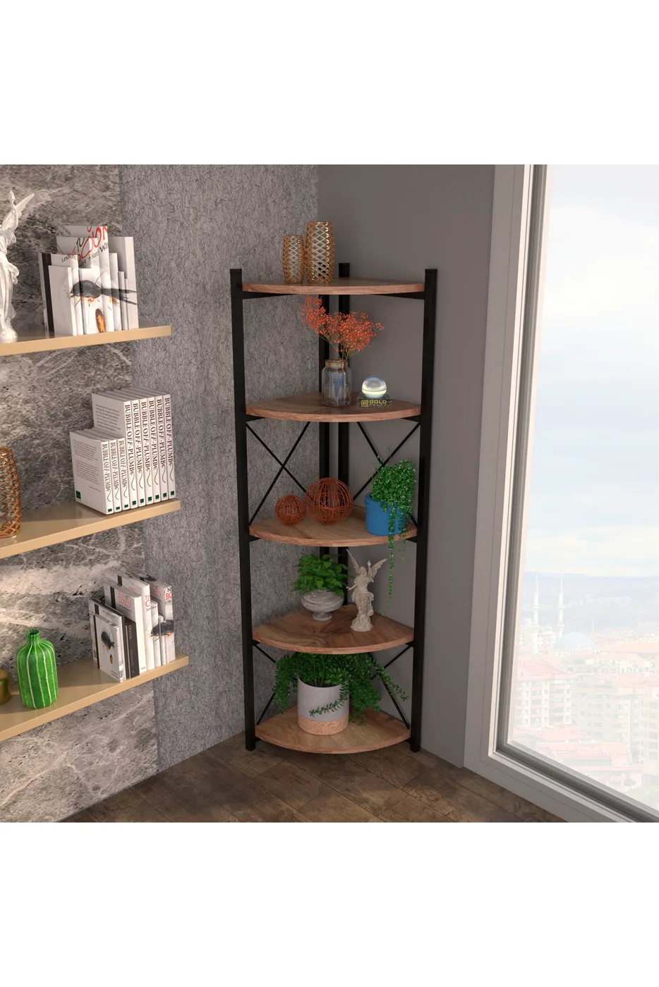 Ilkal Corner 6-Shelf Bookcase & Planter Stand - Atlantic Pine