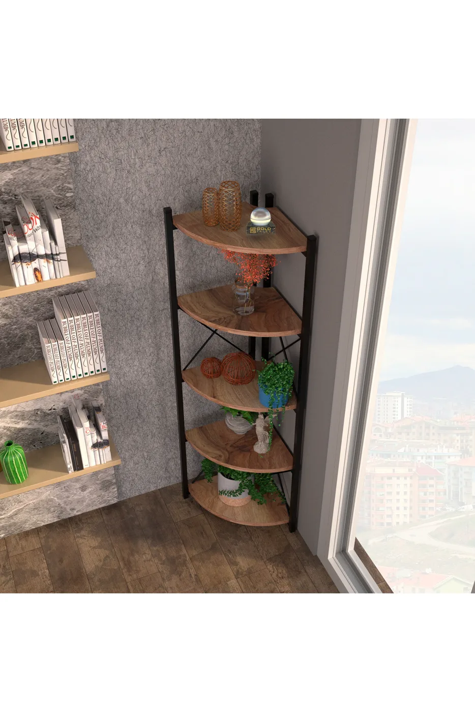 Ilkal Corner 6-Shelf Bookcase & Planter Stand - Atlantic Pine