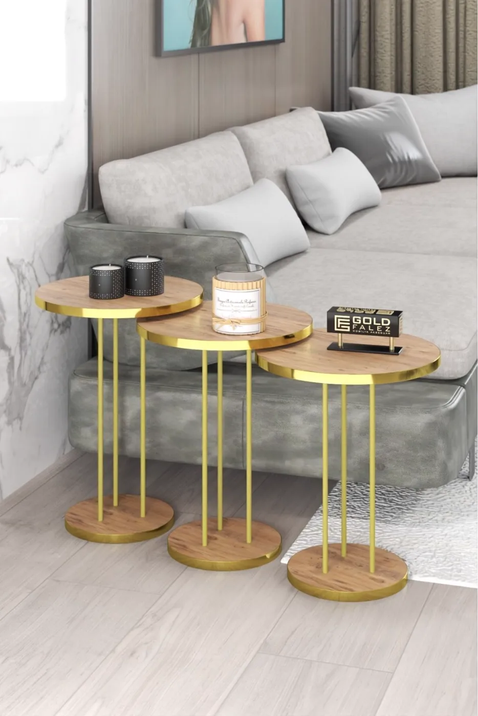 Round Nesting Table Set Metal Legs - Gold Walnut
