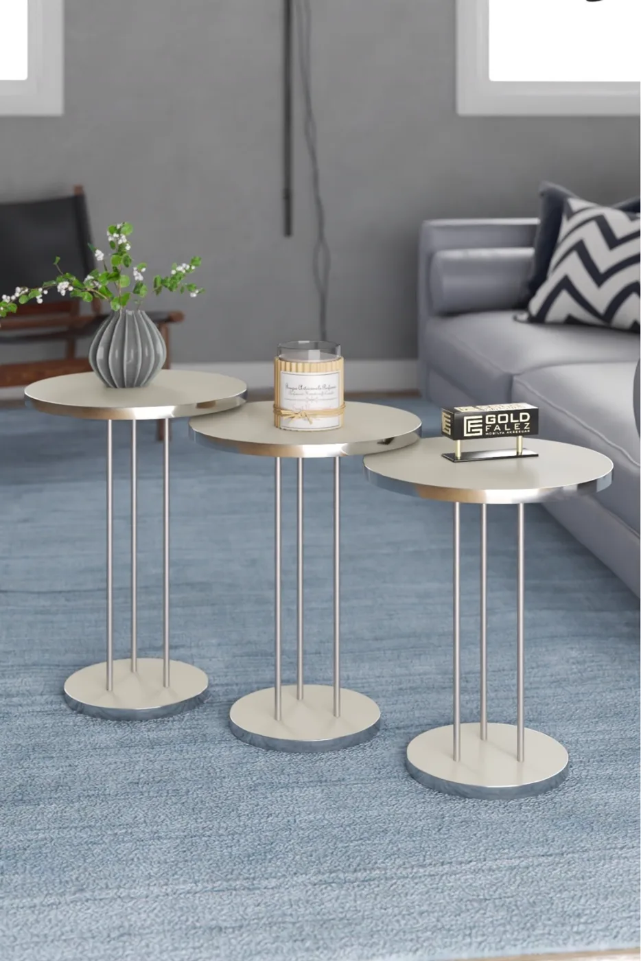 Round Nesting Table Set Metal Legs - Silver Cream
