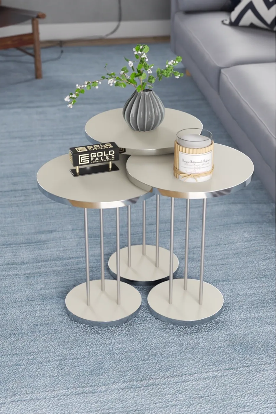 Round Nesting Table Set Metal Legs - Silver Cream