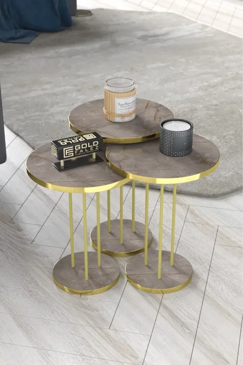 Round Nesting Table Set Metal Legs - Gold Atlantic Pine
