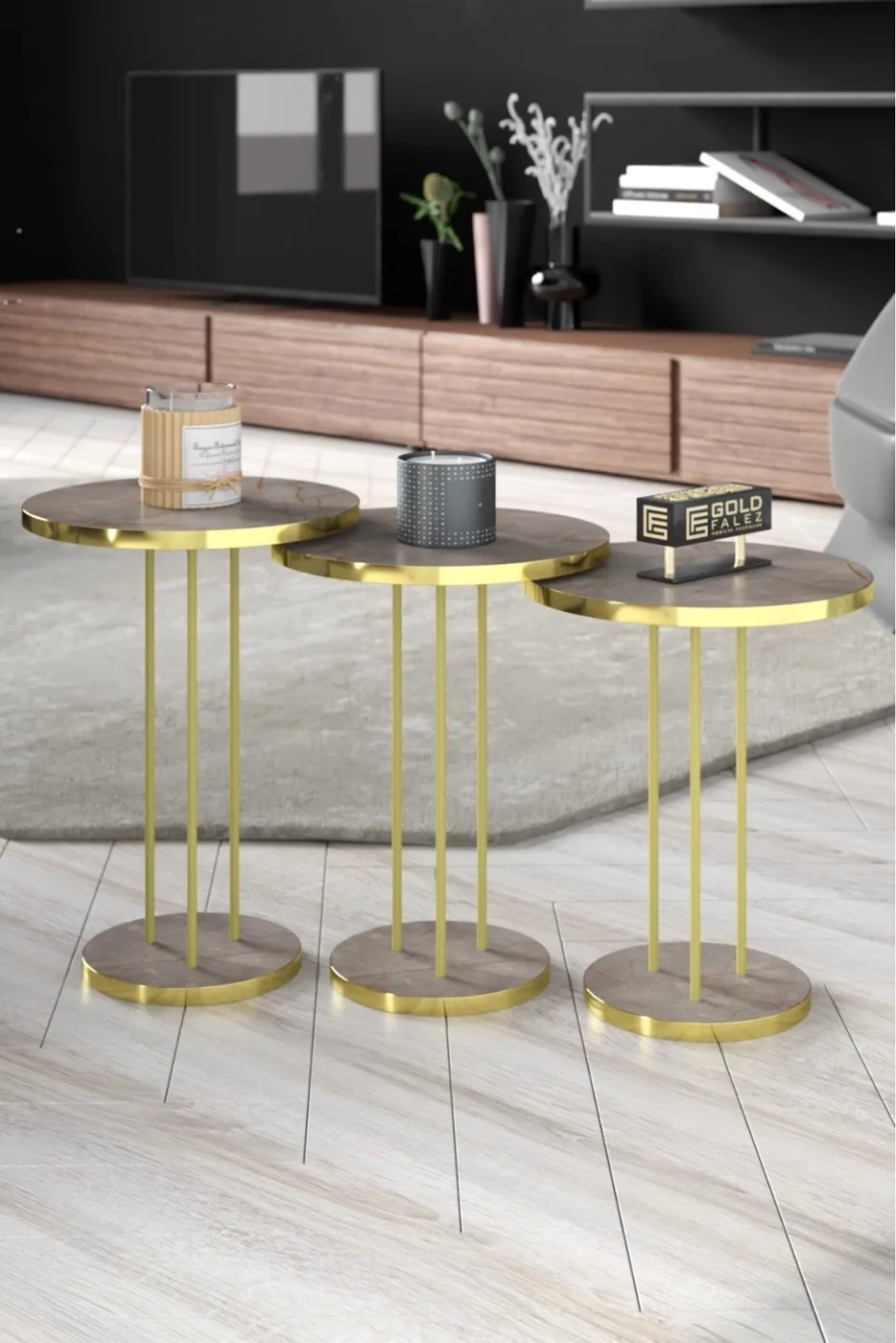 Round Nesting Table Set Metal Legs - Gold Atlantic Pine