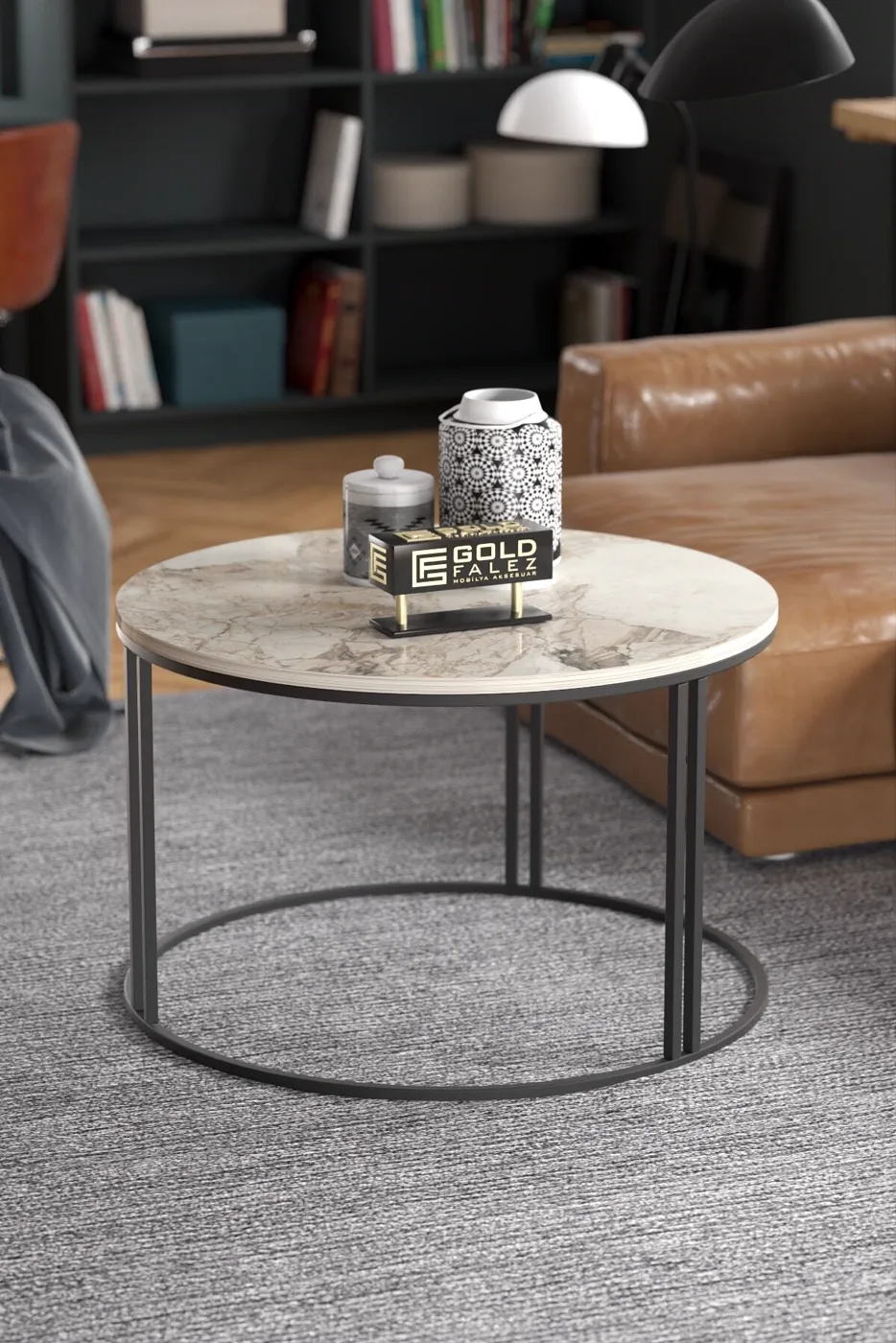 Besonderer Runder Couchtisch - Weiß Marmoroptik