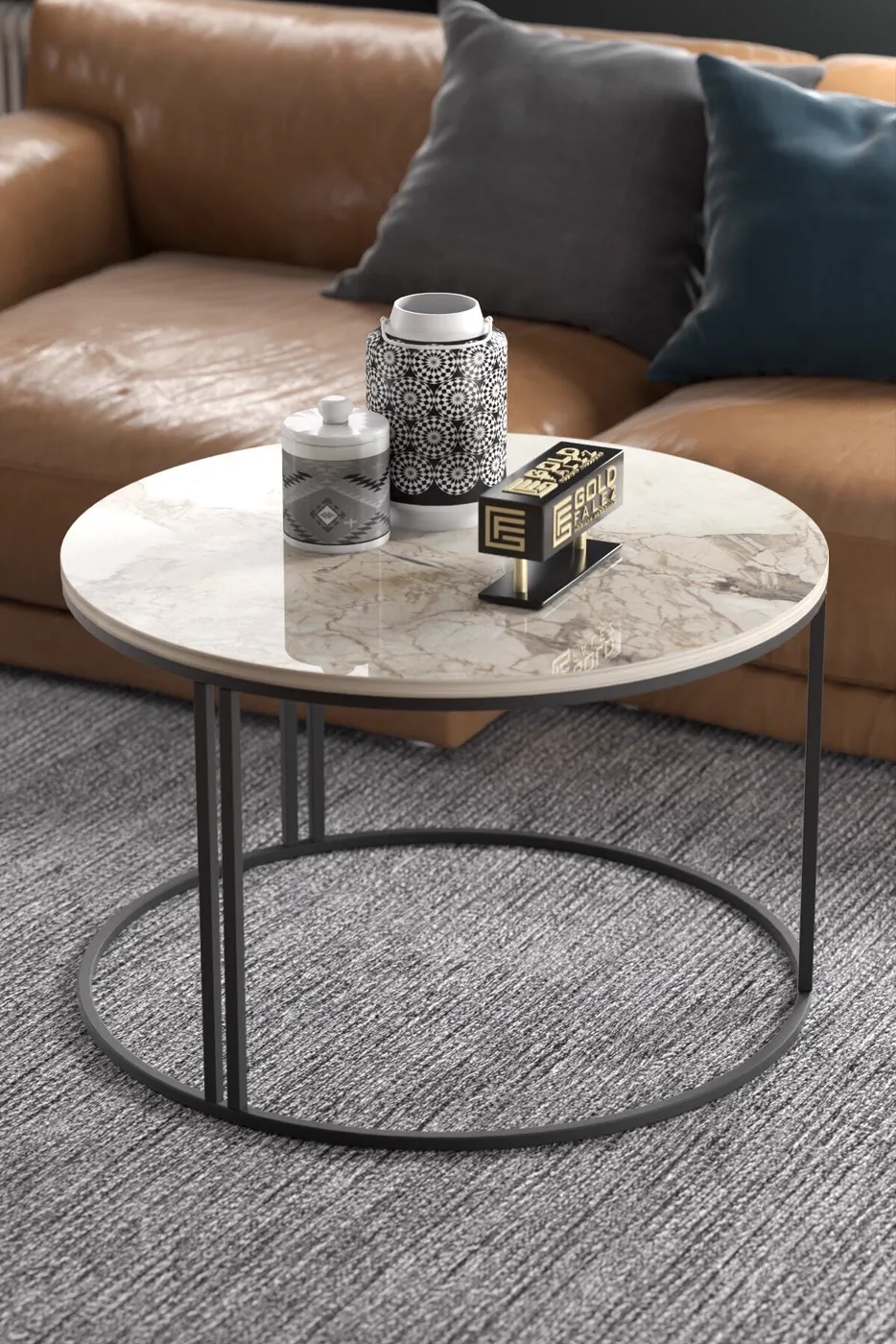 Besonderer Runder Couchtisch - Weiß Marmoroptik