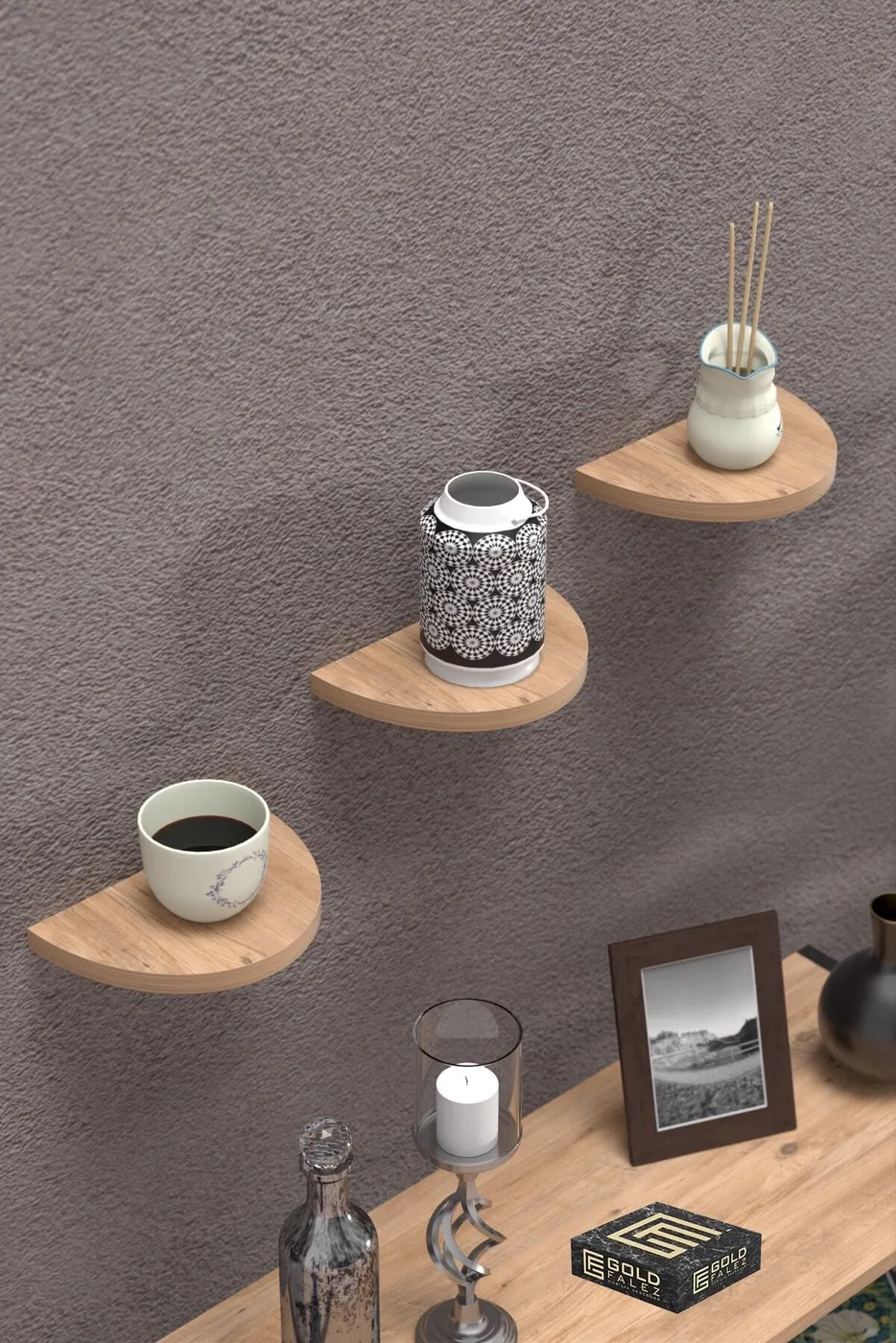 Ilkal 3-Piece Oval Wall Shelf Bookcase - Pine