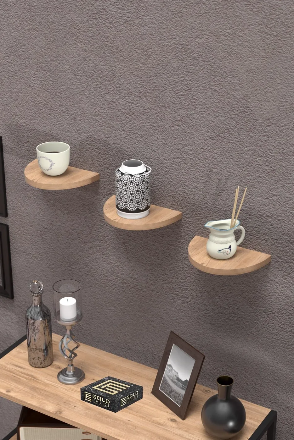 Ilkal 3-Piece Oval Wall Shelf Bookcase - Pine