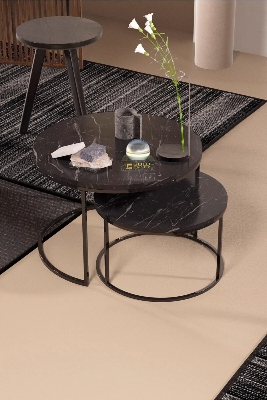 Special 2-Piece Round Coffee Table Set - Black Marble Effect