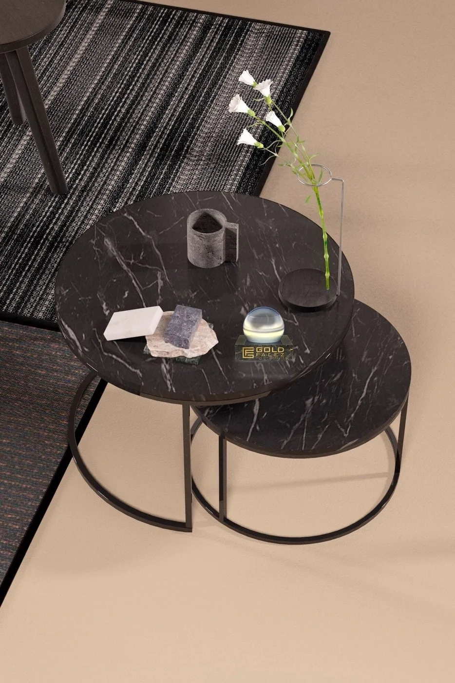 Special 2-Piece Round Coffee Table Set - Black Marble Effect
