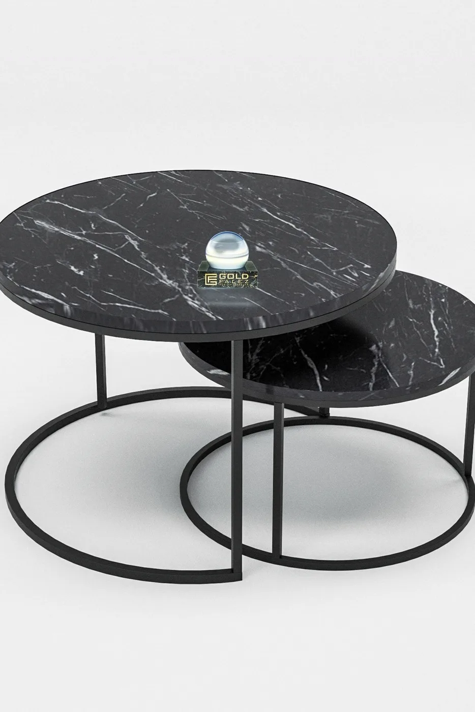 Special 2-Piece Round Coffee Table Set - Black Marble Effect