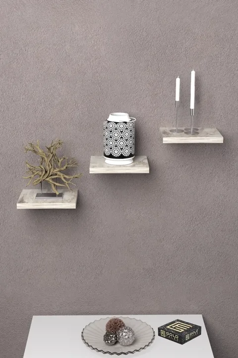 Ilkal 3-Piece Square Wall Shelf Bookcase - White Marble Effect