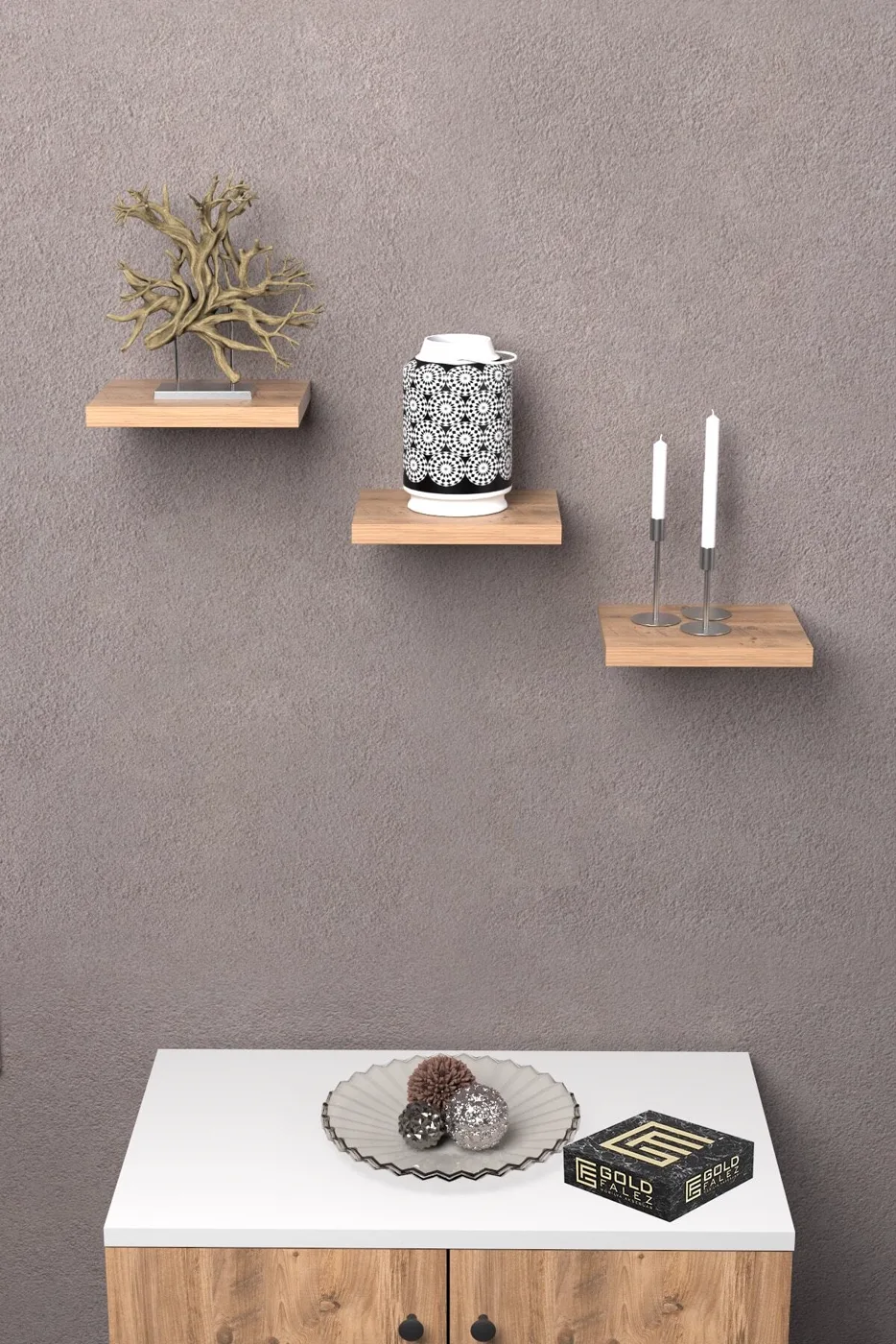 Ilkal 3-Piece Square Wall Shelf Bookcase - Pine