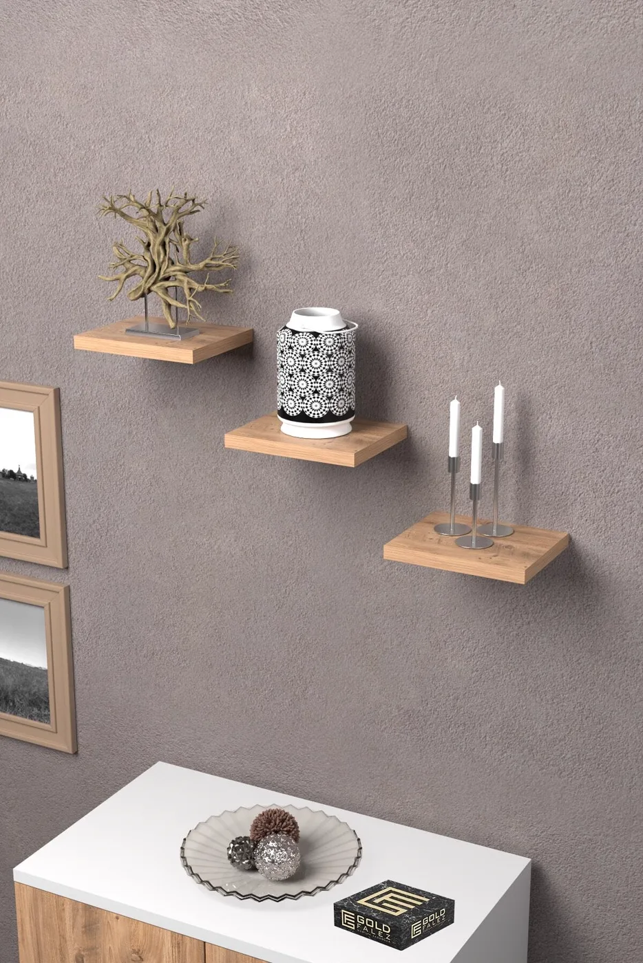 Ilkal 3-Piece Square Wall Shelf Bookcase - Pine