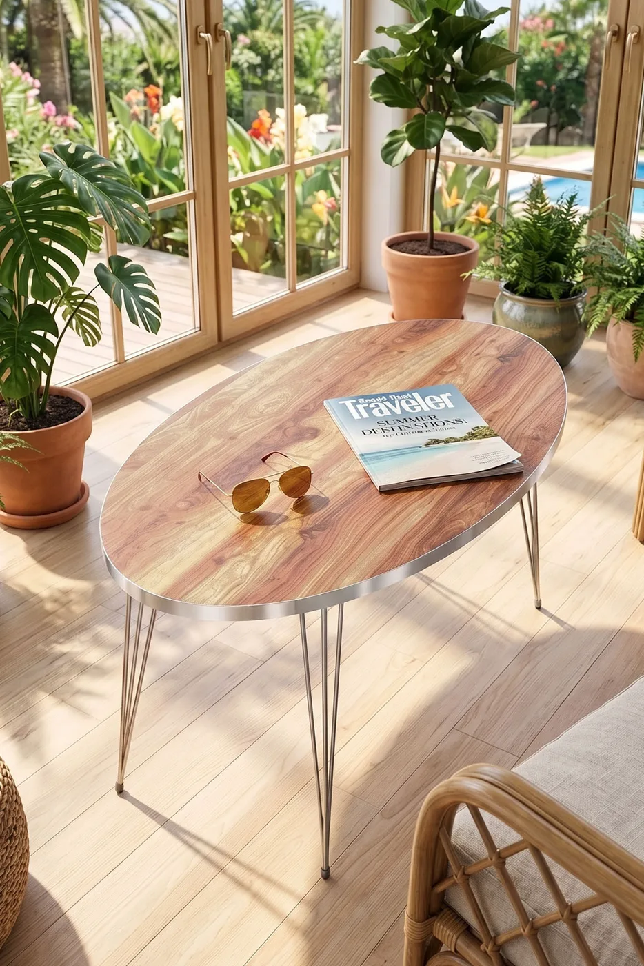 Oval Coffee Table Gold Wire Legs - Walnut