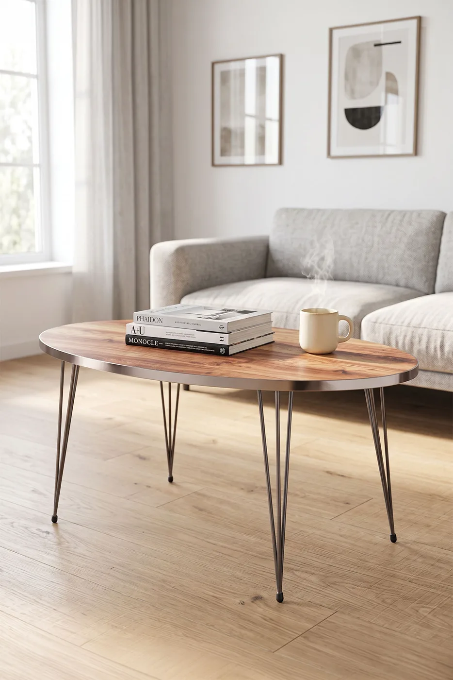 Oval Coffee Table Gold Wire Legs - Walnut
