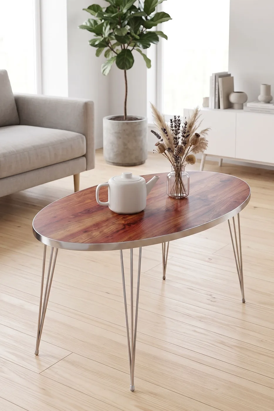 Oval Coffee Table Gold Wire Legs - Walnut