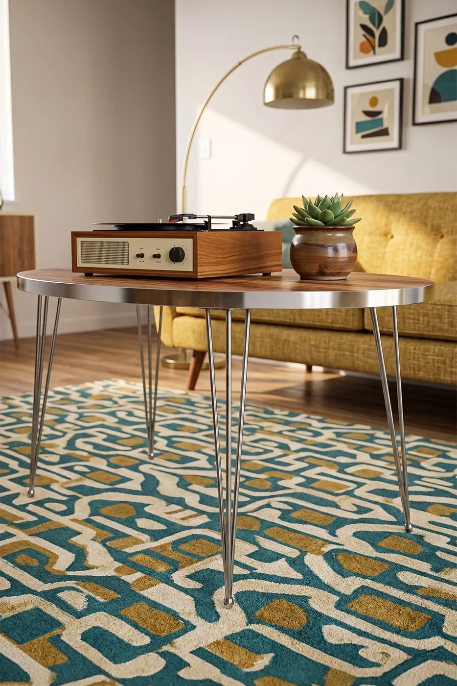 Oval Coffee Table Gold Wire Legs - Walnut