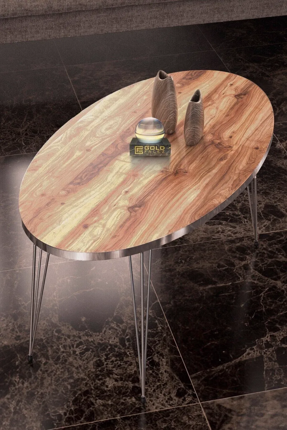 Oval Coffee Table Gold Wire Legs - Walnut
